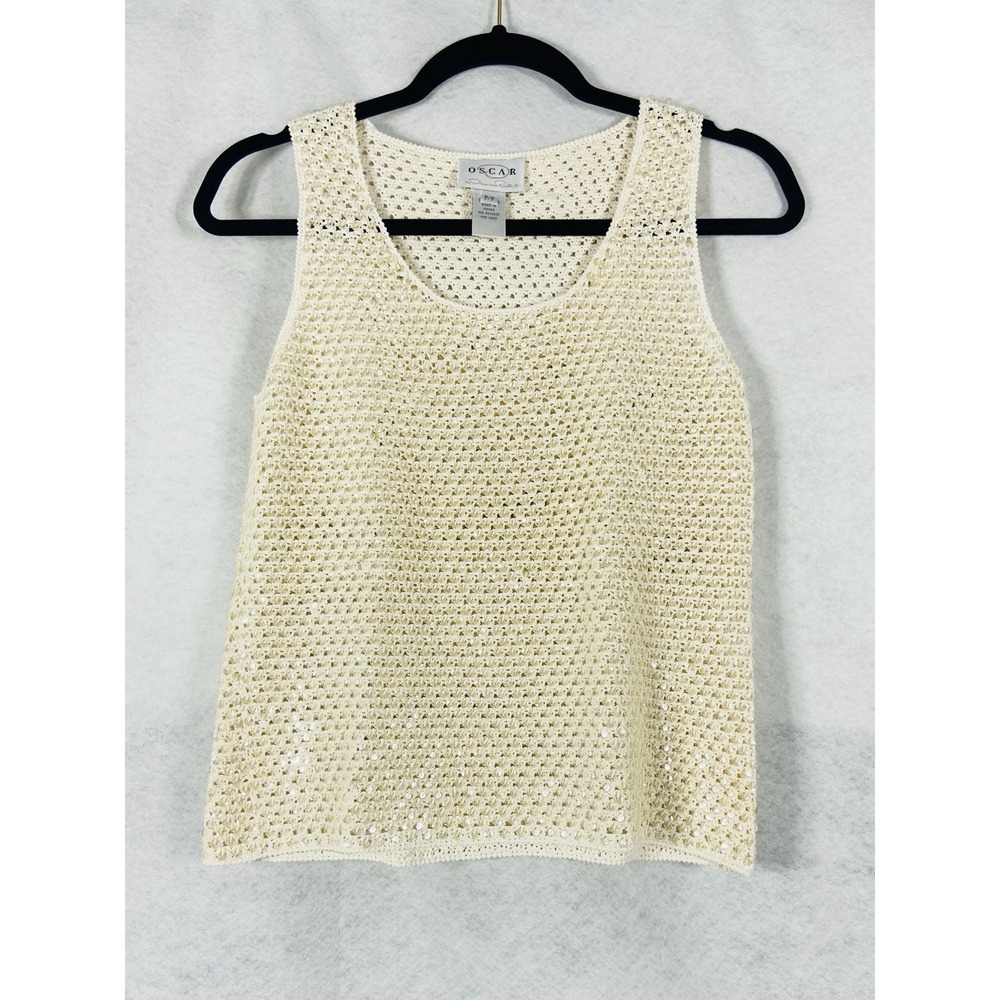 Oscar de la Renta Knit Top Womens P/P XS Ivory Sequin Tank Top Stretch NWOT